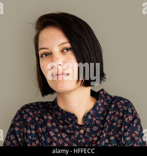 Woman Neutral Face Expression Daydreaming Concept Stock Photo