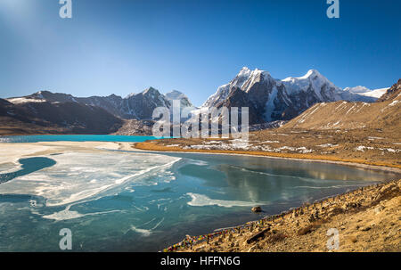 High altitude Himalayan mountain lake Gurudongmar in North Sikkim, India. Stock Photo