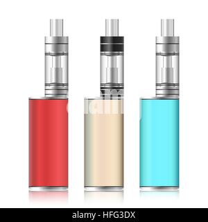 Vape Box. Electronic Cigarette Set. Colorful Vaporize Box Isolated On White Background. Vector Illustration. Stock Vector