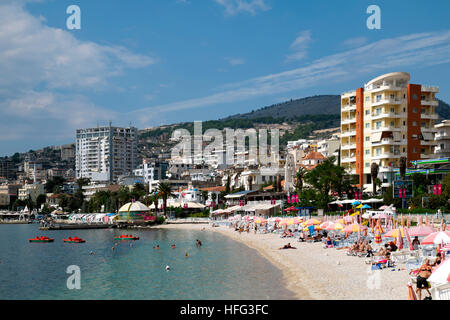 Beach and promenade, Sarandë, Vlorë County, Albania Stock Photo