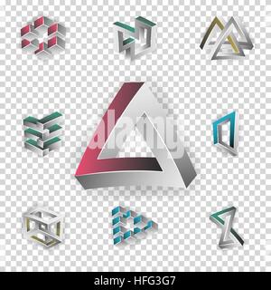 Impossible Shapes Set. Transparence Background. Colorful Trendy Creative Figures With Optical Illusion. Paradox Elements. Unreal Geometrical Symbols In A Surreal Style. Vector Illustration Stock Vector