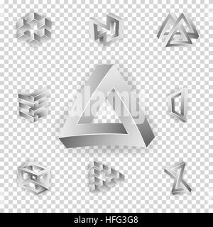 Impossible Shapes Set. Transparence Background. Trendy Creative Figures With Optical Illusion. Paradox Elements. Unreal Geometrical Symbols In A Surreal Style. Vector Illustration Stock Vector