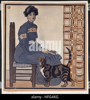 Woman sitting on a chair holding a book with a cat looking on. Stock Photo