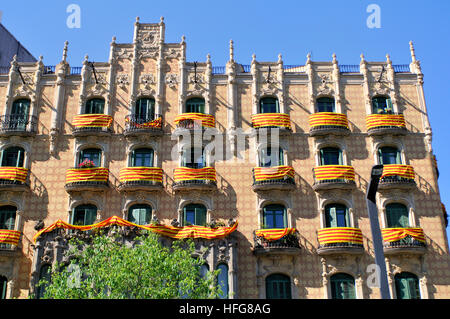 Catalonia Flags on balconies. St. George´s Day, Ramos Houses. 1906. Lesseps square. Barcelona, Catalonia, Spain Stock Photo