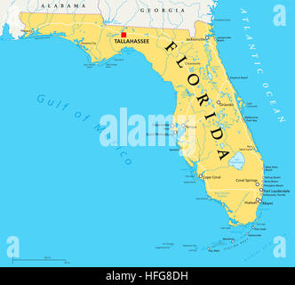 Florida political map with capital Tallahassee, borders, important places, rivers and lakes. Stock Photo