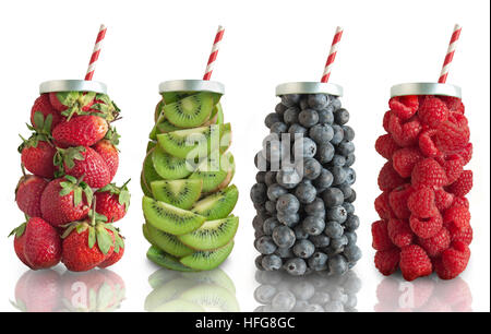 Fruits in the shape of a beverage with straw including strawberries, raspberries, kiwis, and blueberries Stock Photo