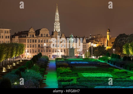 Spire of the Brussels City Hall seen from the Mont des Arts in Brussels, Belgium. Stock Photo