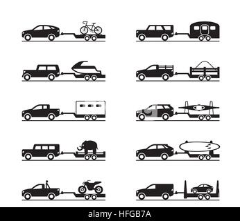 Vans and pickup trucks with trailers - vector illustration Stock Vector
