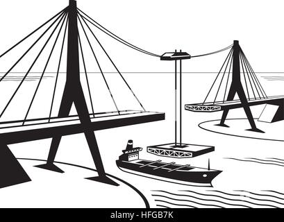 Building of suspended bridge - vector illustration Stock Vector