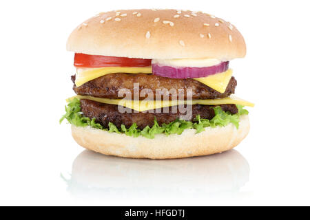 Double cheeseburger hamburger lettuce cheese isolated on a white background Stock Photo