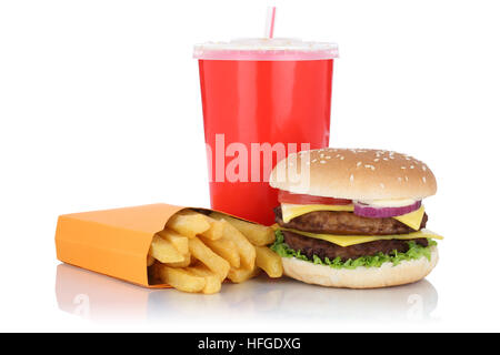 Double cheeseburger hamburger and fries menu meal combo fast food drink isolated on a white background Stock Photo