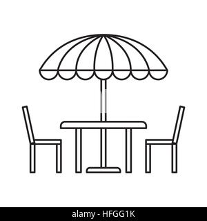 table, chairs and striped parasol over blue background. vector illustration Stock Vector
