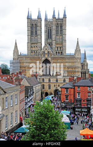 Lincoln Cathedral and farmers' market from the castle walls. Stock Photo