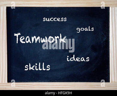 the words success, teamwork, skills, goals and ideas written on black chalk board Stock Photo
