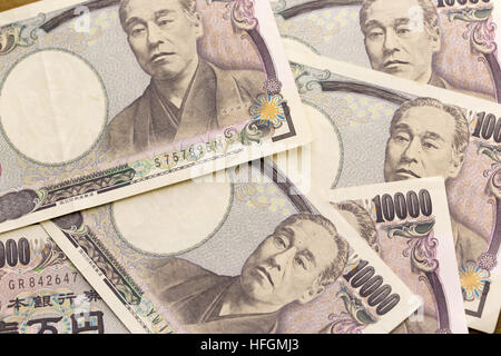 Macro of Ten thousands japanese yen bills. Japanese bank notes. Stock Photo