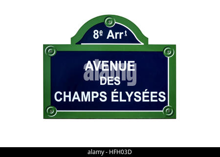 Avenue des Champs Elysees street sign, in the 8th arrondissement of Paris, France. One of the most famous streets in the world. Stock Photo