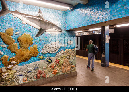 New York City,NY NYC Manhattan,subway,MTA,81st Street,Museum of Natural History Center,station,platform,mosaic,mural,shark,marine life,NY160722036 Stock Photo