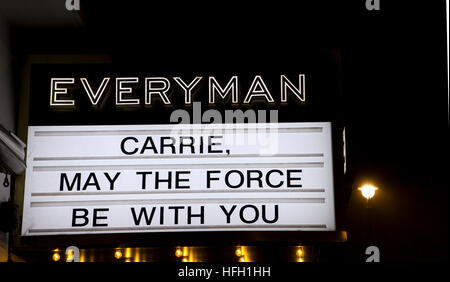 London, England, UK; 30th December 2016; Tribute to 'Carrie Fisher' who died on 27th December 2016, starred as 'Princess Leia' in 'Star Wars Film Series' 'Everyman Cinema Sign' quotes 'CARRIE MAY THE FORCE BE WITH YOU', 'Baker Street London W1' England UK Stock Photo