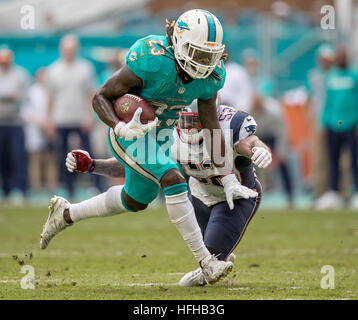Miami Gardens, Florida, USA. 1st Jan, 2017. Miami Dolphins running back Jay Ajayi (23) gains a first down after a catch as New England Patriots outside linebacker Elandon Roberts (52) moves in for a tackle at Hard Rock Stadium in Miami Gardens, Florida on January 1, 2017. © Allen Eyestone/The Palm Beach Post/ZUMA Wire/Alamy Live News Stock Photo