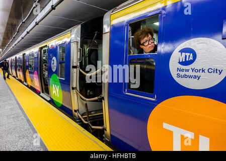 New York, USA 1 January 2017 - After nearly a century the Second Avenue Subway finally opened to the public on New Years Day. Three new stations, at 72nd, 86th and 96th streets, plus an extension at East 63rd were added to the BMT and cost 4.4 billion dollars. The new state of the art subway line runs along BMT lines to Brighton Beach, Brooklyn. ©Stacy Walsh Rosenstock Stock Photo