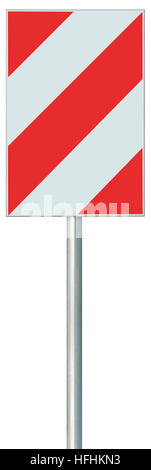 Obstacle detour barrier road sign on pole post, red, white diagonal striped vertical traffic safety warning signage, large detailed isolated closeup Stock Photo