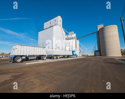 Grain elevator in Ritzville in eastern Washington state along a railroad. Stock Photo