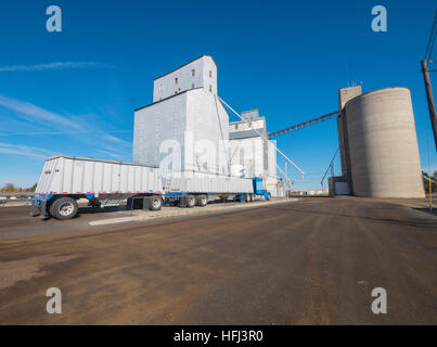 Grain elevator in Ritzville in eastern Washington state along a railroad. Stock Photo