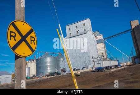 Grain elevator in Ritzville in eastern Washington state along a railroad. Stock Photo