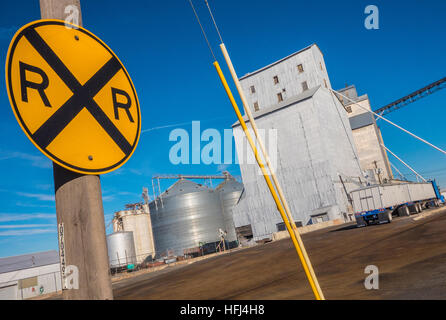 Grain elevator in Ritzville in eastern Washington state along a railroad. Stock Photo