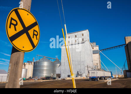 Grain elevator in Ritzville in eastern Washington state along a railroad. Stock Photo