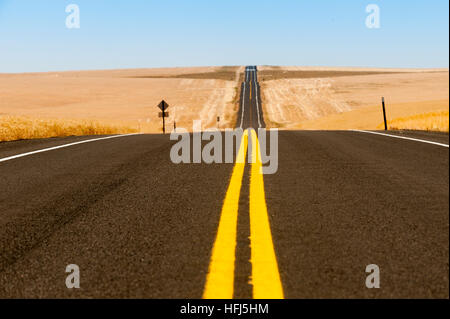 Bold yellow lines on a two lane blacktop highway running through golden wheat fields. Stock Photo
