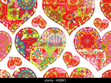 Seamless pattern with collection colorful red green hearts in vintage patchwork style on white background. Stock Vector