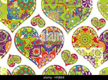 Seamless pattern with collection colorful blue red green hearts in vintage patchwork style on white background. Stock Vector