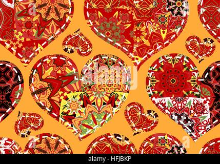 Seamless pattern with collection colorful red  hearts in vintage patchwork style on orange background. Stock Vector