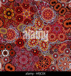 Seamless asian ethnic floral retro doodle orange gray background pattern in vector. Henna paisley mehndi doodles design tribal pattern. Stock Vector
