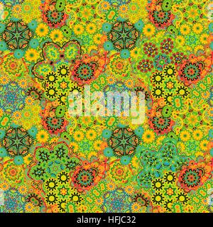 Seamless pattern with mehendi elements. Paisley indian vector illustration. Colorful yellow orange green blue background. Stock Vector