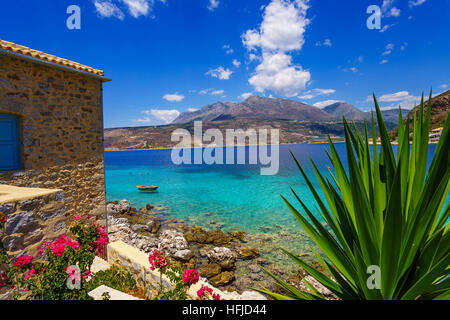 House by the sea. Wonderful sea view of Limeni coastal village in Mani  - Laconia - Greece. Stock Photo