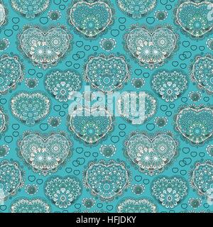 Beautiful ornate seamless background with hearts. Endless doodle pattern. Ornamental scribble texture. Gray blue figure on blue background. Love, birthday, Valentine day, sale. Vector Stock Vector