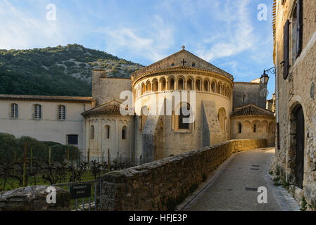 View of the exterior of the Abbey of Gellone, Saint-Guilhem-le Désert, Hérault, France Stock Photo