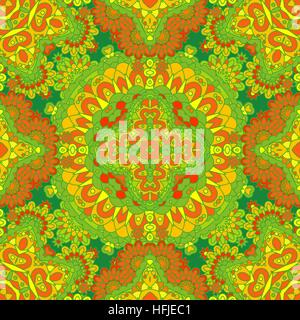 Colorful lace pattern with ornate elements. Yellow green abstract background. Vector stock illustration. Stock Vector