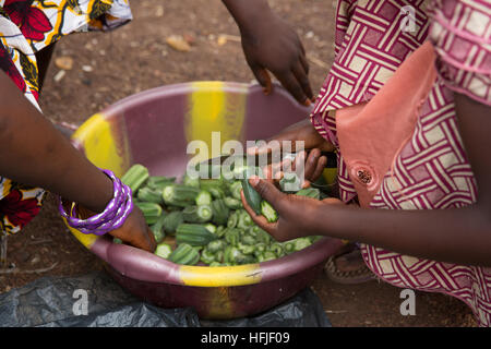 Koumban village, Guinea, 2nd May 2015; Fatim Condé,16 and engaged to be married, is selling her mother’s okra with her little sister who is still in school. Stock Photo