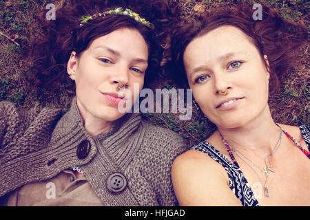 Girlfriends in nature taking selfie Stock Photo