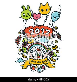 Vector Illustration of Happy New Year 2017 Greeting Card. Rooster Year.Doodle Style Stock Vector