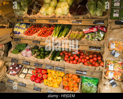 Fruit and vegetable stall display in farm Shop, Doddington Hall, Lincolnshire, England, UK. Stock Photo