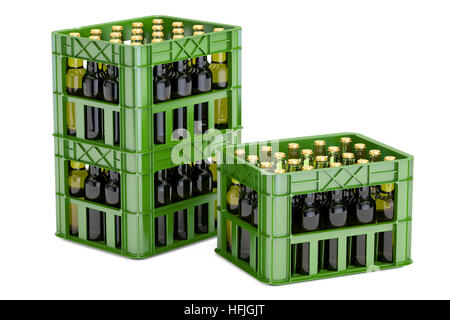 Green plastic crates with beer bottles, 3D rendering isolated on white background Stock Photo