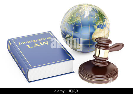 Immigration Law concept with gavel and globe. 3D rendering isolated on white background Stock Photo