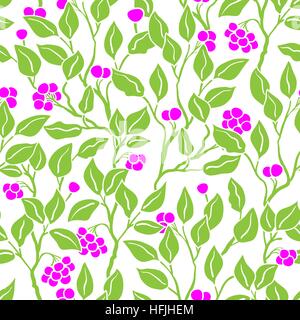 Abstract light green leaves and bright rose berries seamless vector pattern. Decorative hand drawn vintage background. Stock Vector