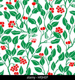 Abstract grass green leaves and bright red berries seamless vector pattern. Decorative hand drawn vintage background. Stock Vector