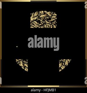 Gold round frame on black background. Vector floral decoration made from swirl shapes. Greeting, invitation card. Simple decorative black and gold illustration for print, web. Stock Vector