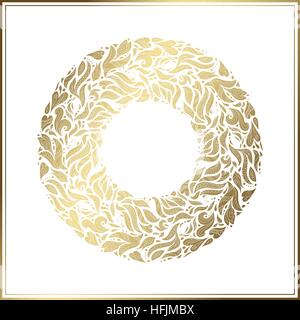 Gold round frame. Vector floral decoration made from swirl shapes. Greeting, invitation card. Simple decorative black and gold illustration for print, web. Stock Vector